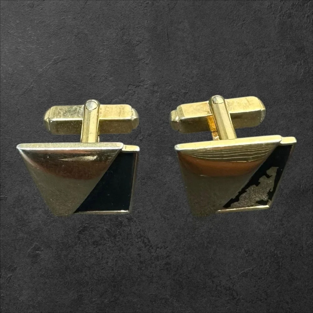 Anson Cufflinks Mens Gold Tone/Black Vintage MCM Geometric Pat Pend - See Photos